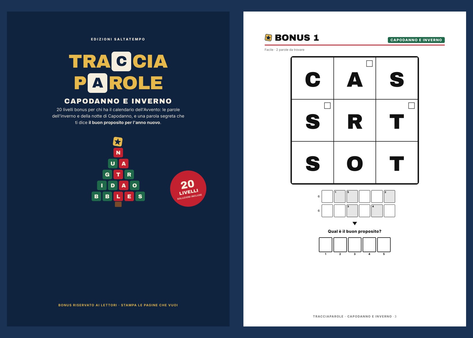 Due pagine del bonus: la copertina Capodanno e inverno e un livello da risolvere